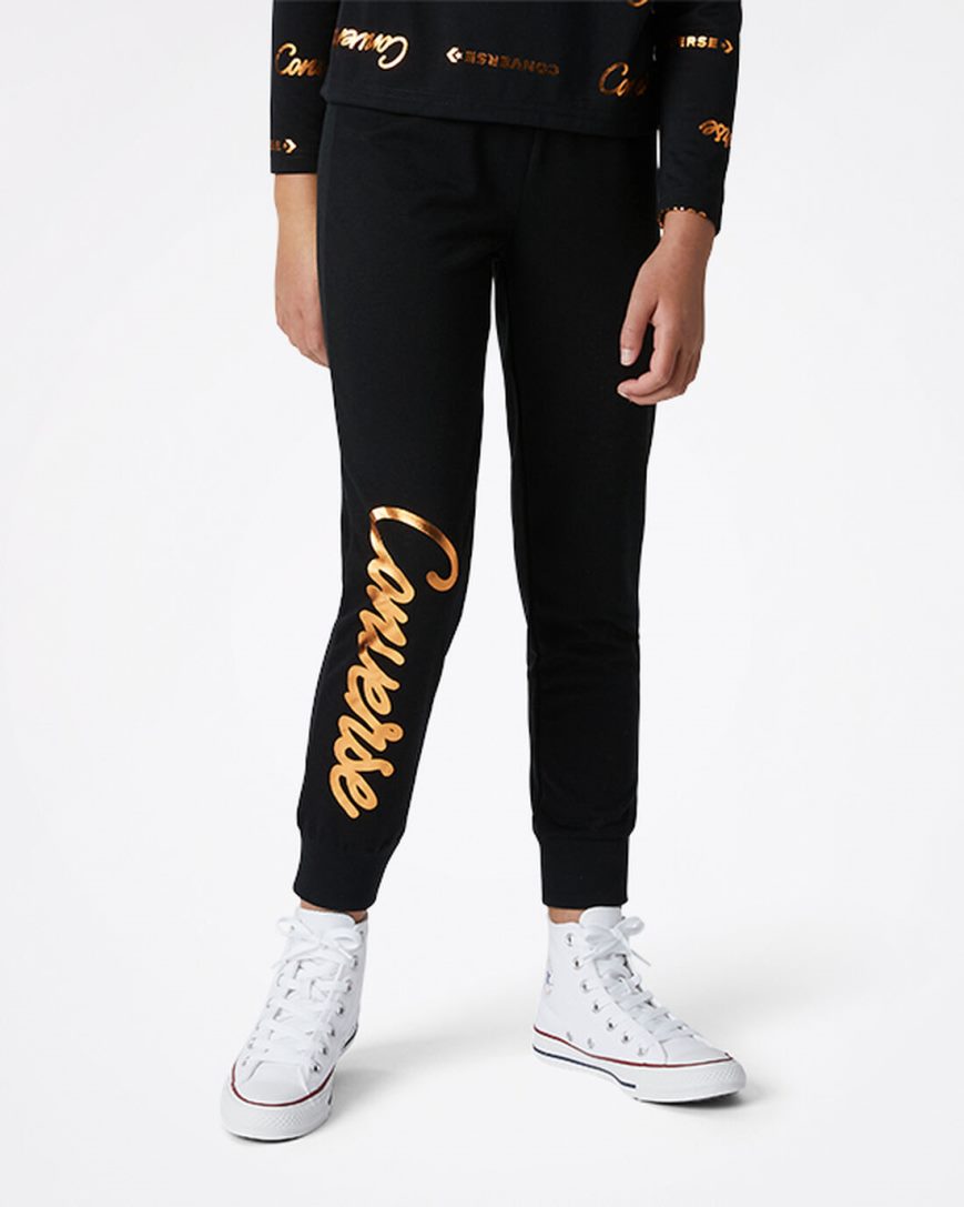 Calças Jogger Converse Shiny Wordmark Menina Pretas | PT O03P5T9